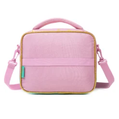 Back view of a pastel pink and blue gradient lunch bag with gold glitter hearts and a horizontal strap detail. Custom luxury insulated lunch bag by a professional Backpack Manufacturer.