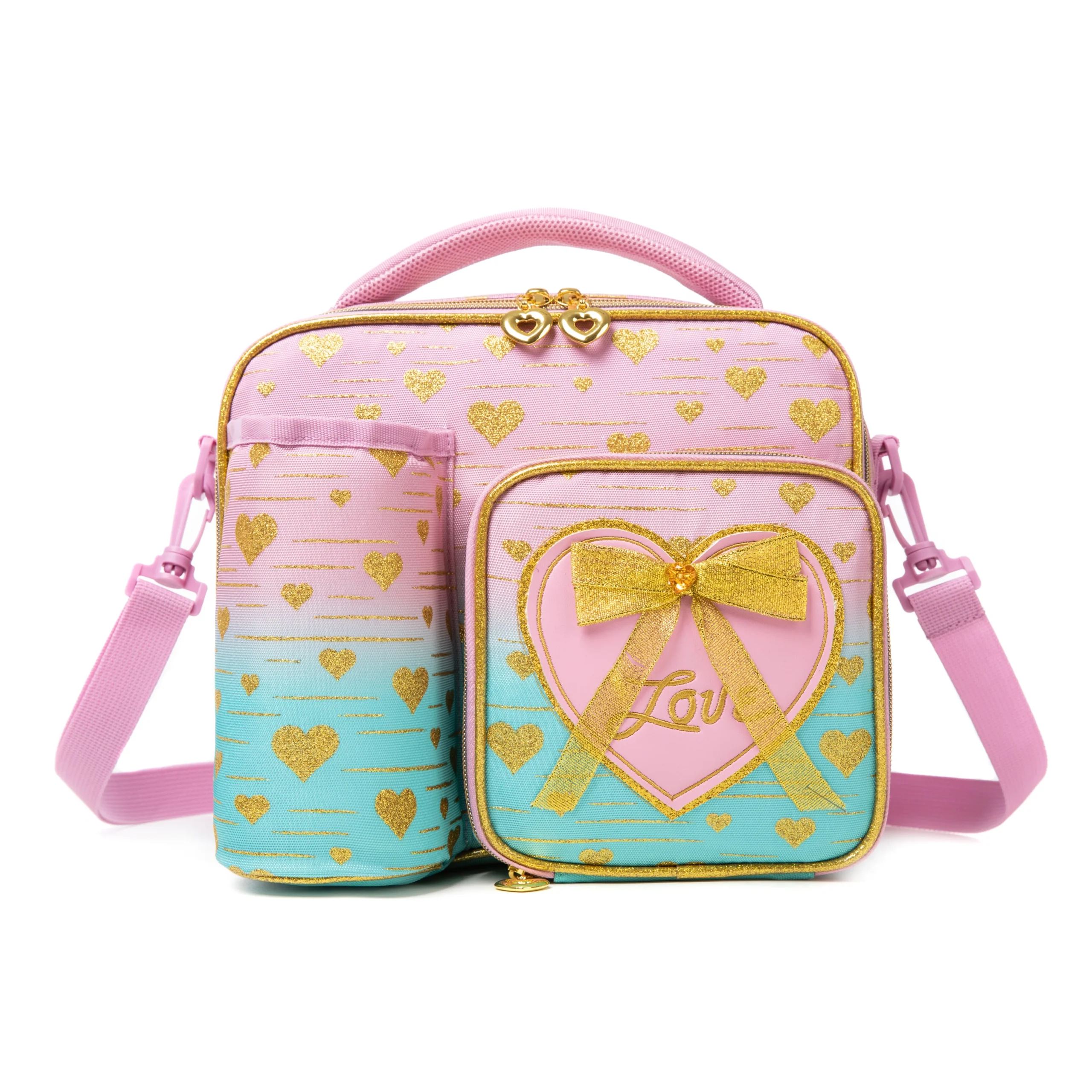 Front view of a pastel gradient lunch bag with gold glitter hearts, a 3D pink bow patch, and an attached bottle holder. Versatile insulated lunch box by a Custom Backpack Manufacturer.