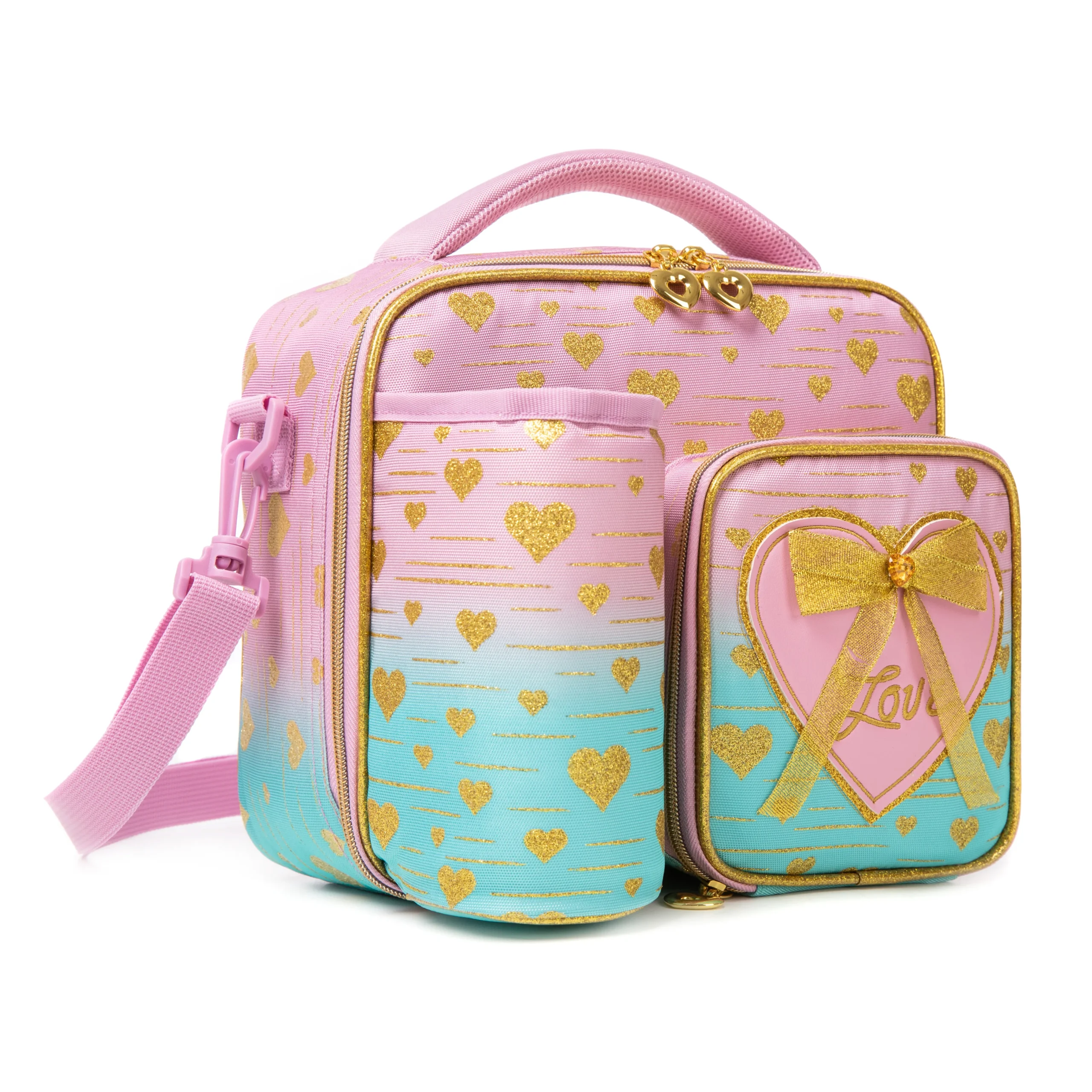3D angled view of a pastel gradient lunch bag highlighting the attached pink sleeve, gold zippers, and the side strap attachment. Versatile daily cooler by a leading Backpack Supplier.