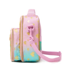 Side view of a pastel gradient lunch bag showing the depth of the attached bottle holder and adjustable strap attachment. Functional luxury cooler by a Backpack Manufacturer.