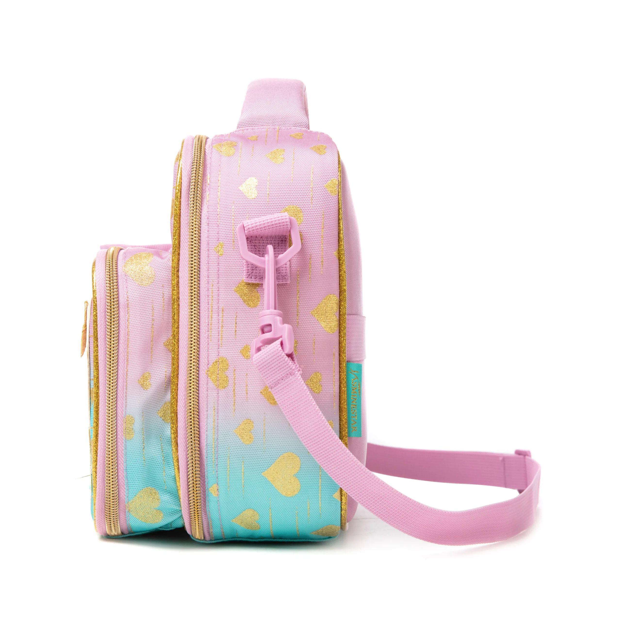 Side view of a pastel gradient lunch bag showing the depth of the attached bottle holder and adjustable strap attachment. Functional luxury cooler by a Backpack Manufacturer.