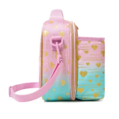 Side profile of a pastel gradient lunch bag showing its depth, adjustable pink shoulder strap, and continuous glitter print. High-density fabric bag by a Backpack OEM Supplier.