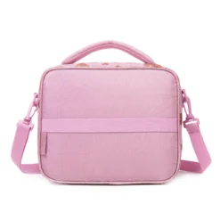 Back view of a pastel pink lunch bag with rose gold glitter hearts and a horizontal strap detail. Custom princess-style insulated lunch bag by a professional Backpack Manufacturer.