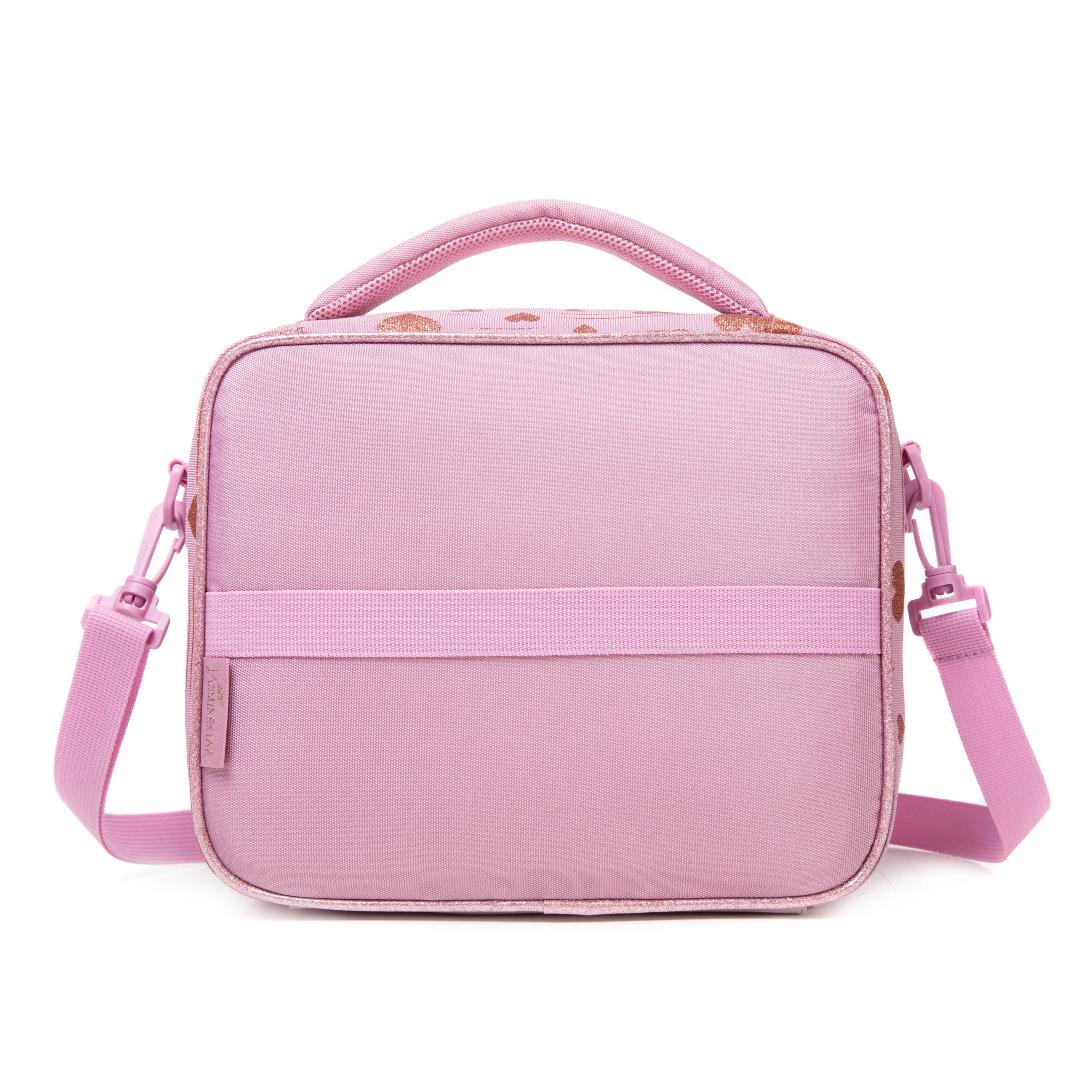 Back view of a pastel pink lunch bag with rose gold glitter hearts and a horizontal strap detail. Custom princess-style insulated lunch bag by a professional Backpack Manufacturer.