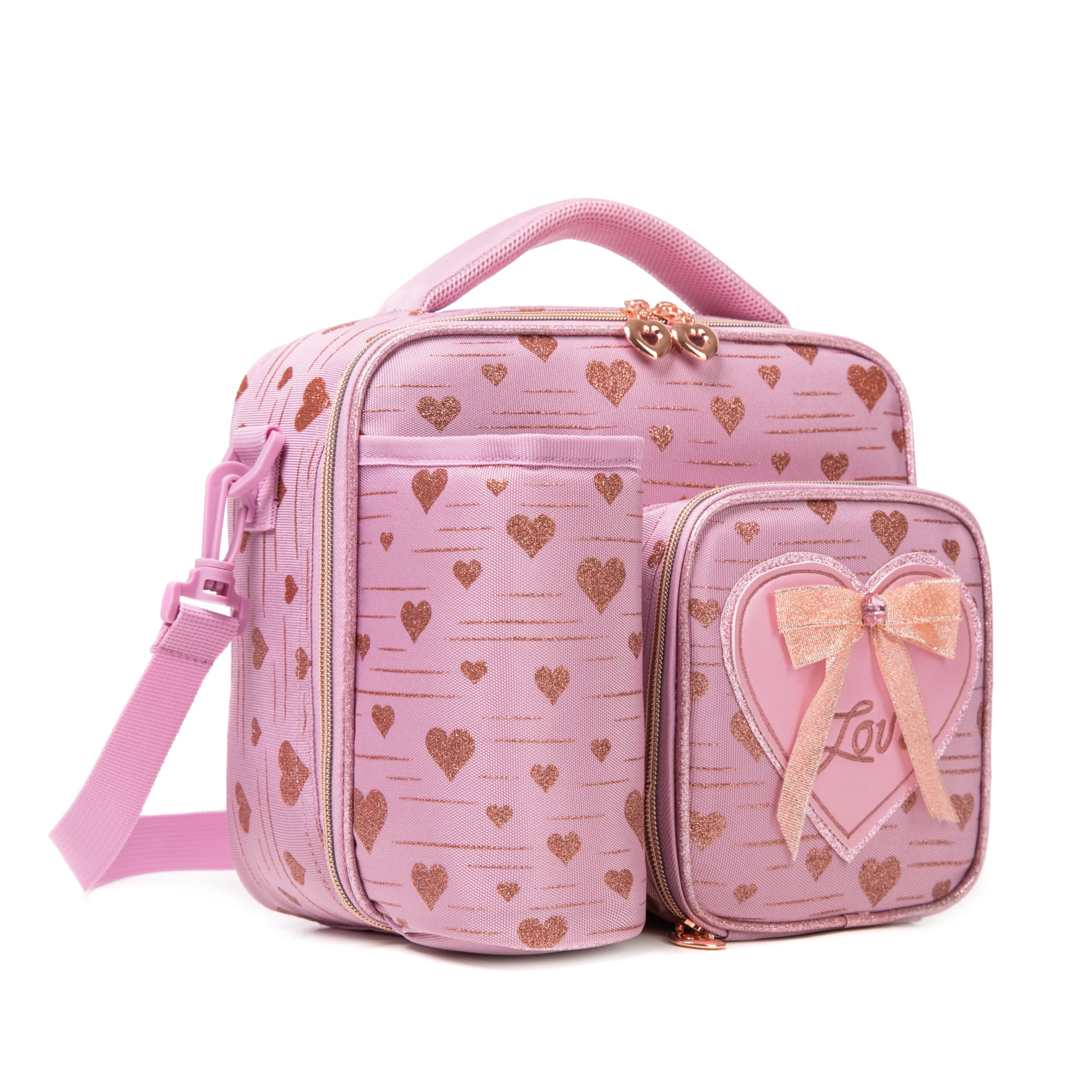 This clear front view focuses on the bag's impressive front pocket featuring a 3D heart-shaped appliqué with a large rose gold sparkly bow and the word "Love" embroidered in the center. It also highlights the seamless integration of the matching bottle holder on the left. As a thoughtful OEM Manufacturer, we ensure all decorative elements are securely attached. This focus on detail ensures your Private Label Bulk Backpacks and accessories maintain a high-end, pristine look that wows customers.