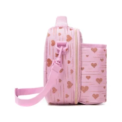 Side profile of a pastel pink glitter heart lunch bag showing its depth, adjustable shoulder strap, and continuous rose gold print. High-density fabric bag by a Backpack OEM Supplier.