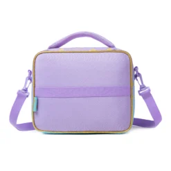 Back view of a lavender and pastel gradient lunch bag with gold glitter hearts and a horizontal strap detail. Custom luxury insulated lunch bag by a professional Backpack Manufacturer.