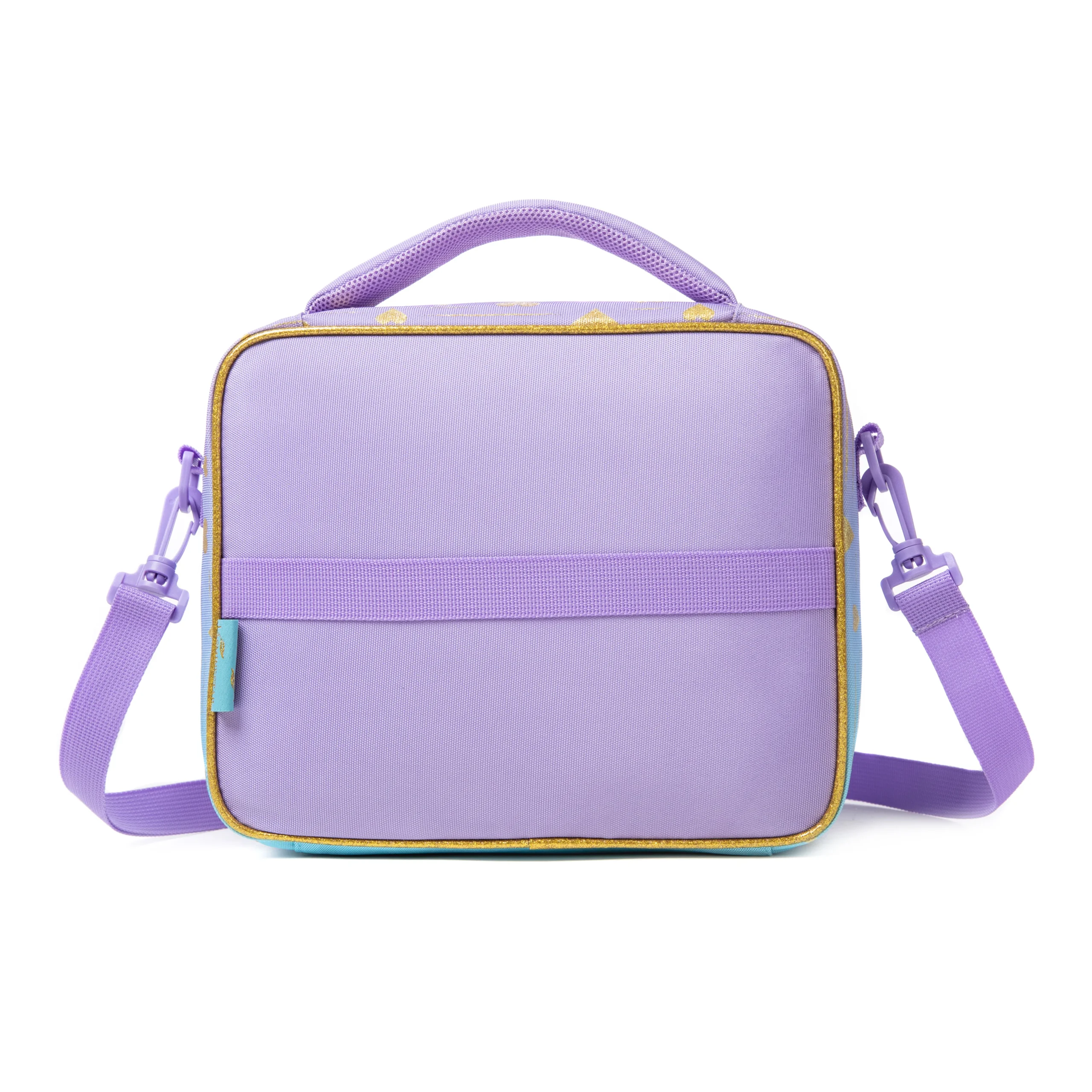 Back view of a lavender and pastel gradient lunch bag with gold glitter hearts and a horizontal strap detail. Custom luxury insulated lunch bag by a professional Backpack Manufacturer.