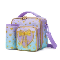 Slanted view of a pastel gradient lunch bag with a matching lavender detachable bottle holder, heart-shaped zipper pulls, and a 3D bow patch. Functional luxury cooler by a Backpack Supplier.