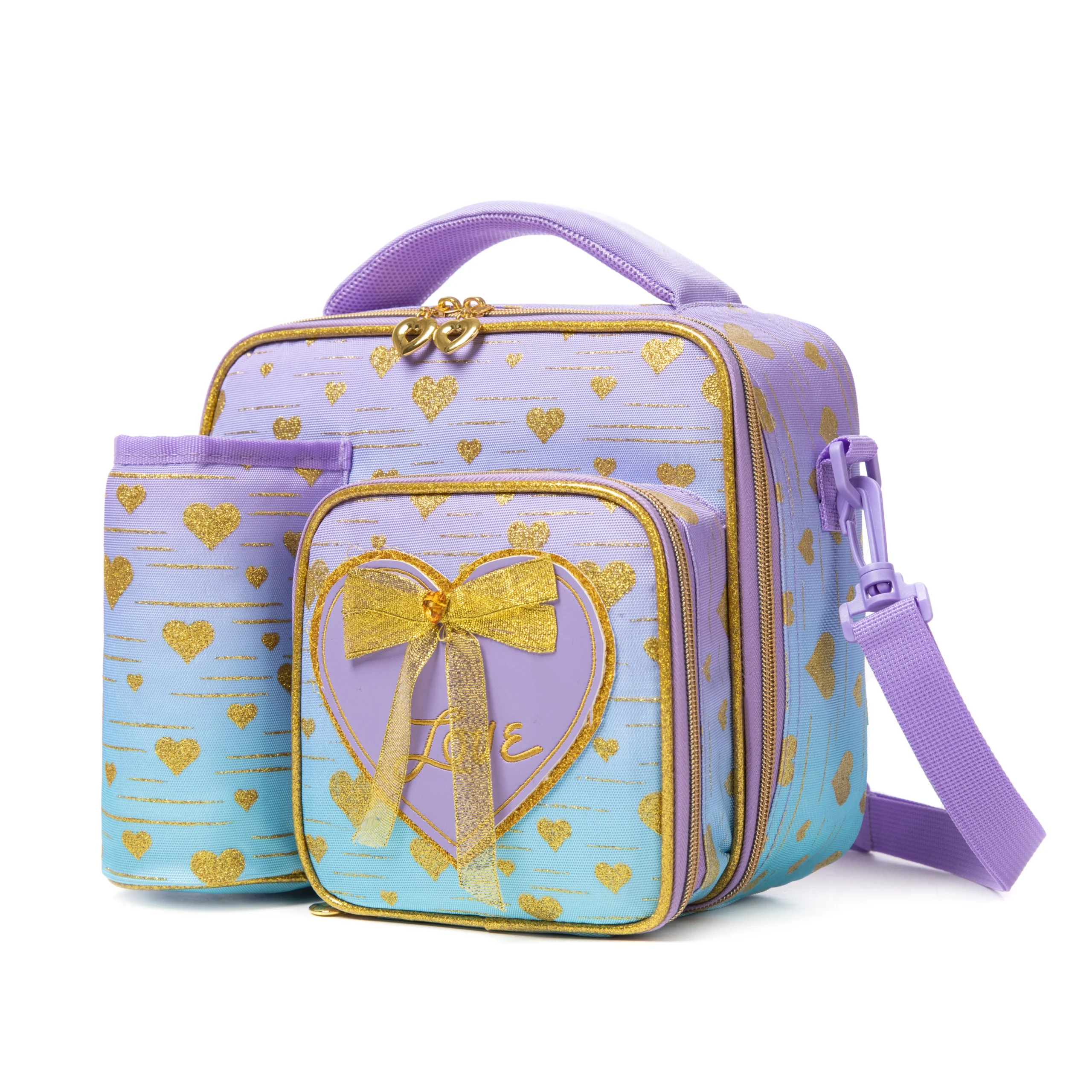 Slanted view of a pastel gradient lunch bag with a matching lavender detachable bottle holder, heart-shaped zipper pulls, and a 3D bow patch. Functional luxury cooler by a Backpack Supplier.