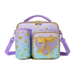 Front view of a pastel gradient lunch bag with gold glitter hearts, a 3D lavender bow patch, and an attached bottle holder. Versatile insulated lunch box by a Custom Backpack Manufacturer.