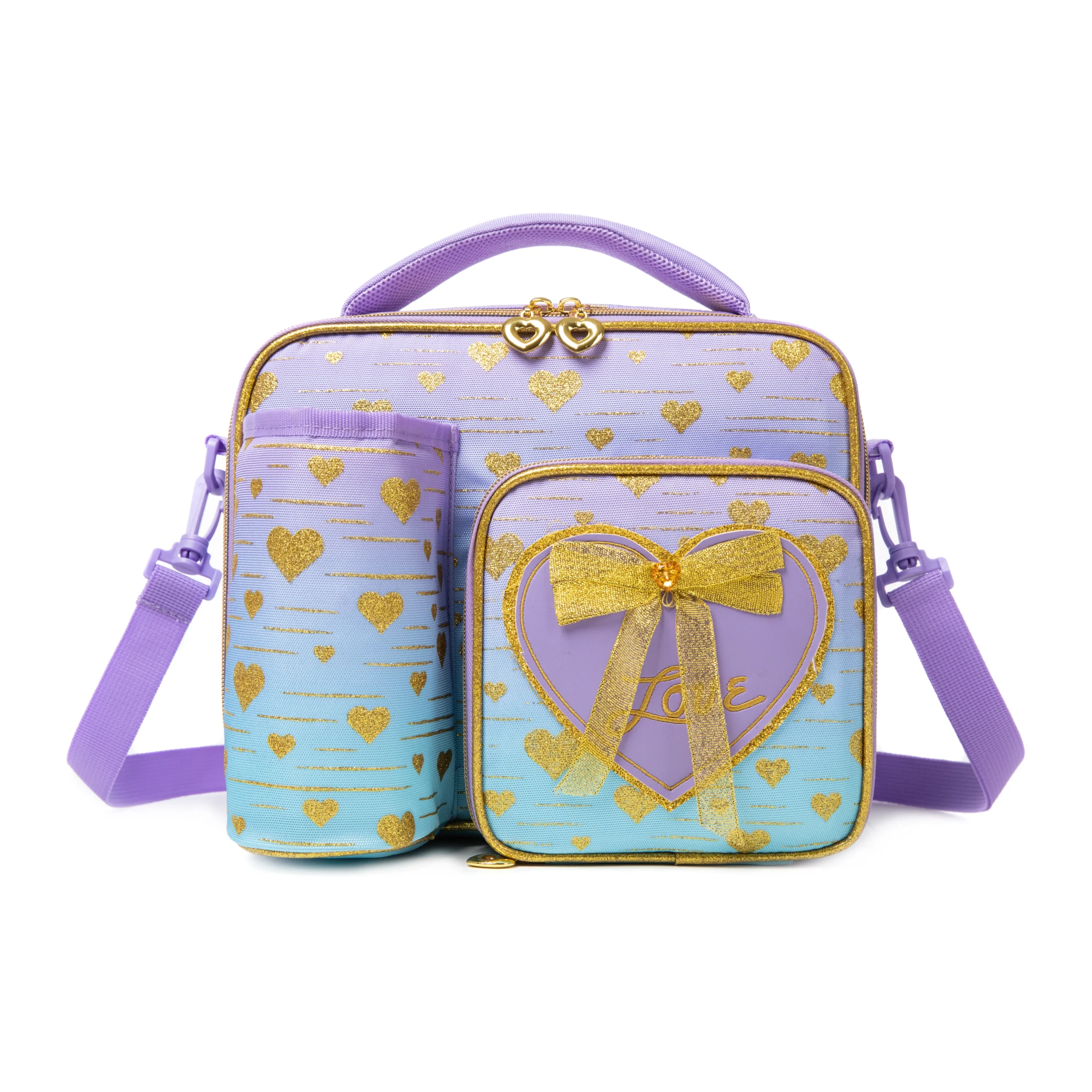 Front view of a pastel gradient lunch bag with gold glitter hearts, a 3D lavender bow patch, and an attached bottle holder. Versatile insulated lunch box by a Custom Backpack Manufacturer.