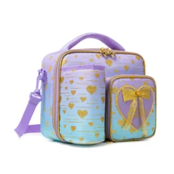 3D angled view of a pastel gradient lunch bag highlighting the attached lavender sleeve, gold zippers, and the side strap attachment. Versatile daily cooler by a leading Backpack Supplier.