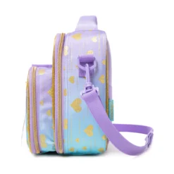 Side view of a pastel gradient lunch bag showing the depth of the attached bottle holder and adjustable strap attachment. Functional luxury cooler by a Backpack Manufacturer.