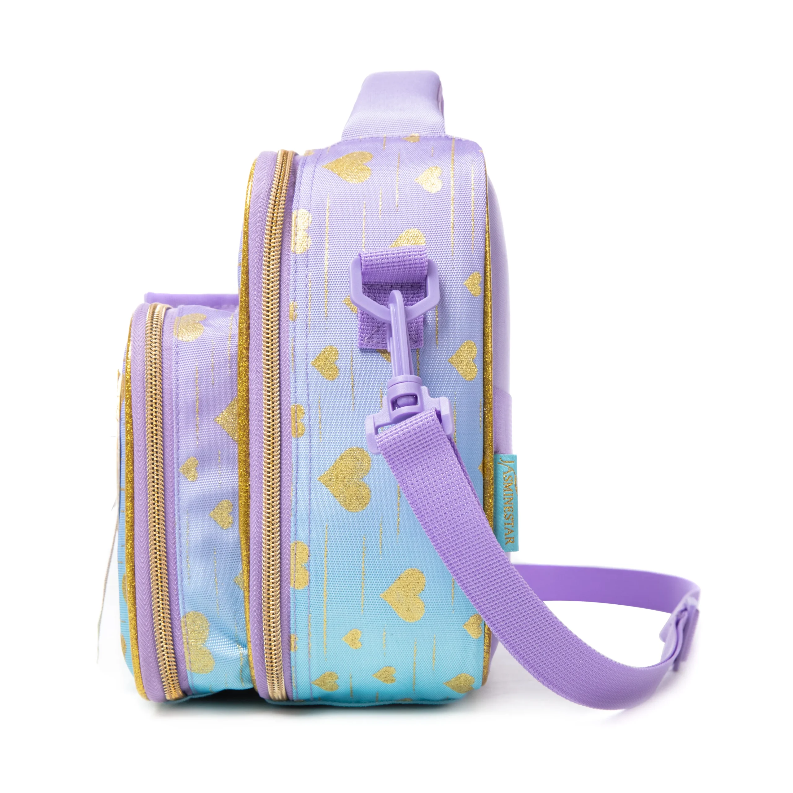 Side view of a pastel gradient lunch bag showing the depth of the attached bottle holder and adjustable strap attachment. Functional luxury cooler by a Backpack Manufacturer.