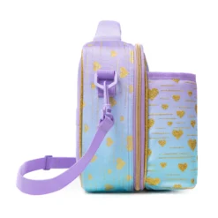 Side profile of a pastel gradient lunch bag showing its depth, adjustable lavender shoulder strap, and continuous glitter print. High-density fabric bag by a Backpack OEM Supplier.