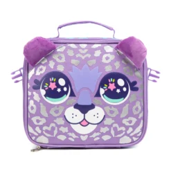 Front view of a matching cute animal-themed lunch bag featuring 3D plush ears and a large sparkling anime-style face. Matching insulated lunch box by a Backpack Supplier.