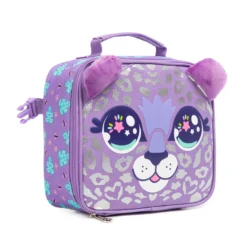 Slanted view of a matching animal-themed lunch bag showing the purple zipper, side buckle, and leaf pattern. Versatile kids' cooler by a leading Backpack Supplier.
