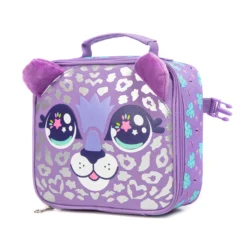 Side profile of a cute animal-themed lunch bag showing its depth, purple zipper, and side buckle. High-density fabric bag by a Backpack OEM Supplier.