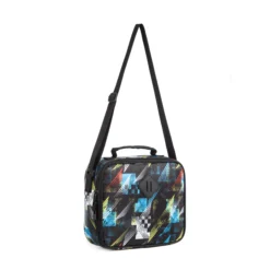 Black sporty geometric lunch bag with an extended shoulder strap. OEM Manufacturer producing stylish Custom lunch bags for boys.