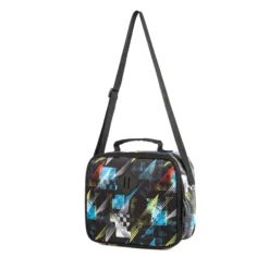 Black geometric lunch bag with black piping and a top handle. Durable school lunch box by a professional Backpack Supplier.