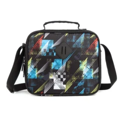 Front view of a black and blue patterned lunch bag with a geometric print. Cool lunch box by a leading Backpack Manufacturer.