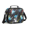 Slanted view of a black geometric lunch bag with side stitching. Sturdy construction by a Custom Backpack Supplier.