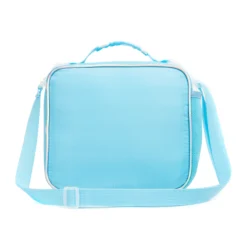 Back view of a light blue polka dot lunch bag with a white adjustable shoulder strap. Custom insulated lunch bag by a professional Backpack Manufacturer.