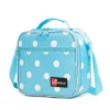 This lunch bag features a refreshing pastel light blue fabric adorned with crisp white polka dots, complemented by a matching white padded top handle and a white adjustable shoulder strap. As an experienced OEM Manufacturer, we specialize in creating playful, high-quality designs. This sweet, candy-like aesthetic is perfect for Private Label brands looking for versatile Bulk Backpacks and lunch gear suitable for young children, girls, and fans of cute, stylish accessories. We offer full Custom print and colorway options.