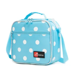 This lunch bag features a refreshing pastel light blue fabric adorned with crisp white polka dots, complemented by a matching white padded top handle and a white adjustable shoulder strap. As an experienced OEM Manufacturer, we specialize in creating playful, high-quality designs. This sweet, candy-like aesthetic is perfect for Private Label brands looking for versatile Bulk Backpacks and lunch gear suitable for young children, girls, and fans of cute, stylish accessories. We offer full Custom print and colorway options.