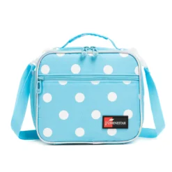 Front view of a light blue polka dot lunch bag with a large front pocket and dual zipper pulls. Versatile insulated lunch box by a Custom Backpack Manufacturer.