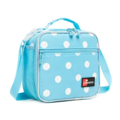 3D angled view of a light blue polka dot lunch bag showing the white piping and front pocket. Versatile daily cooler by a leading Backpack Supplier.