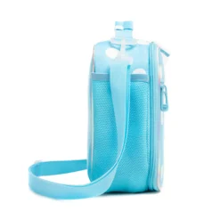 Side view of a light blue polka dot lunch bag showing a large blue mesh water bottle pocket and a white strap swivel clip. Functional daily cooler by a Backpack Manufacturer.