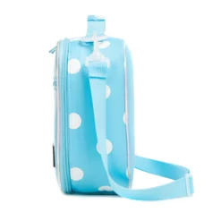 Side profile of a light blue polka dot lunch bag showing its depth and adjustable white shoulder strap. High-density fabric bag by a Backpack OEM Supplier.