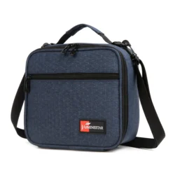 Slanted view of a denim blue ripstop textured lunch bag with a front zipper pocket and a red logo patch. Functional commuter cooler by a Backpack Supplier.