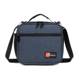 Front view of a denim blue ripstop lunch bag with a large front pocket and dual zipper pulls. Versatile insulated lunch box by a Custom Backpack Manufacturer.