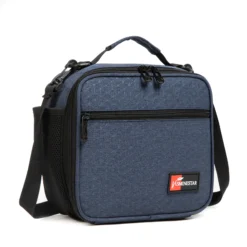 3D angled view of a denim blue geometric ripstop lunch bag showing the black piping and front pocket. Versatile daily cooler by a leading Backpack Supplier.