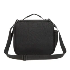 Back view of a sleek all-black textured lunch bag with an adjustable shoulder strap. Custom insulated lunch bag by a professional Backpack Manufacturer.