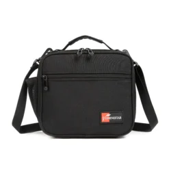 Front view of an all-black heather lunch bag with a large front pocket and dual zipper pulls. Versatile insulated lunch box by a Custom Backpack Manufacturer.