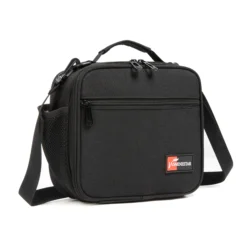 3D angled view of an all-black textured lunch bag showing the black piping and front pocket. Versatile daily cooler by a leading Backpack Supplier.