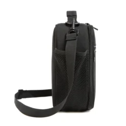 Side view of an all-black lunch bag showing a large black mesh water bottle pocket and a sturdy strap swivel clip. Functional daily cooler by a Backpack Manufacturer.
