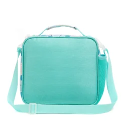 Back view of a mint green and abstract watercolor geometric lunch bag with an adjustable shoulder strap. Custom insulated lunch bag by a professional Backpack Manufacturer.