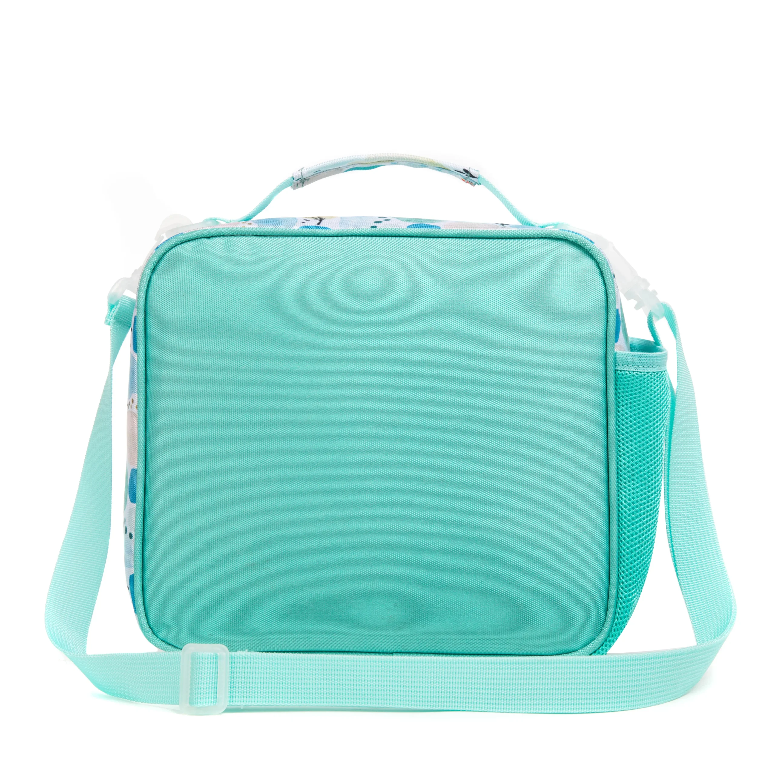 Back view of a mint green and abstract watercolor geometric lunch bag with an adjustable shoulder strap. Custom insulated lunch bag by a professional Backpack Manufacturer.