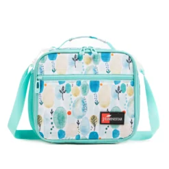 Front view of a mint green lunch bag featuring a vibrant abstract watercolor spot and botanical stem print. Versatile insulated lunch box by a Custom Backpack Manufacturer.