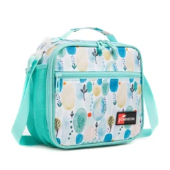 3D angled view of a mint green abstract lunch bag showing the side mesh pocket and front zipper. Versatile daily cooler by a leading Backpack Supplier.