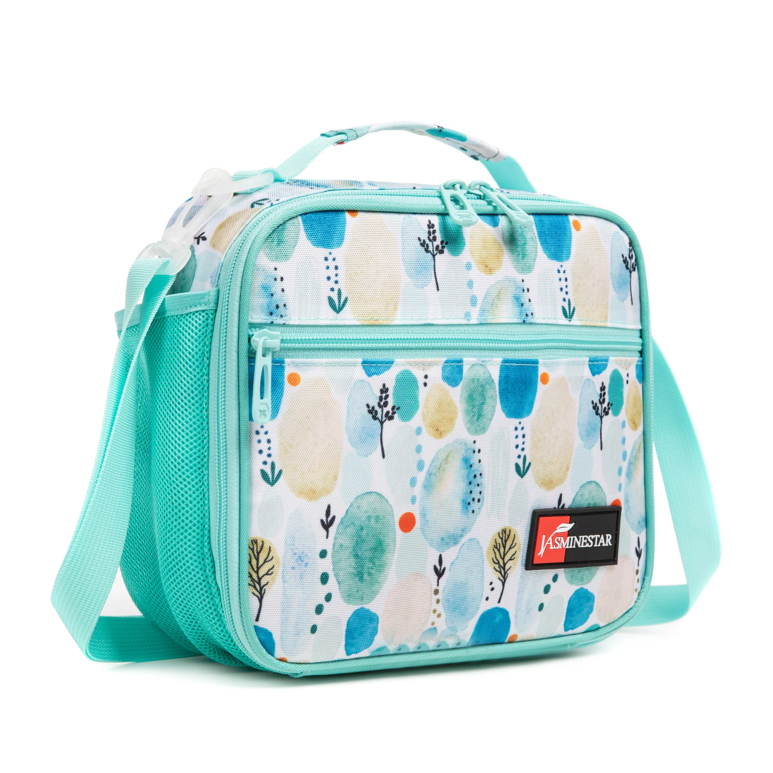 3D angled view of a mint green abstract lunch bag showing the side mesh pocket and front zipper. Versatile daily cooler by a leading Backpack Supplier.