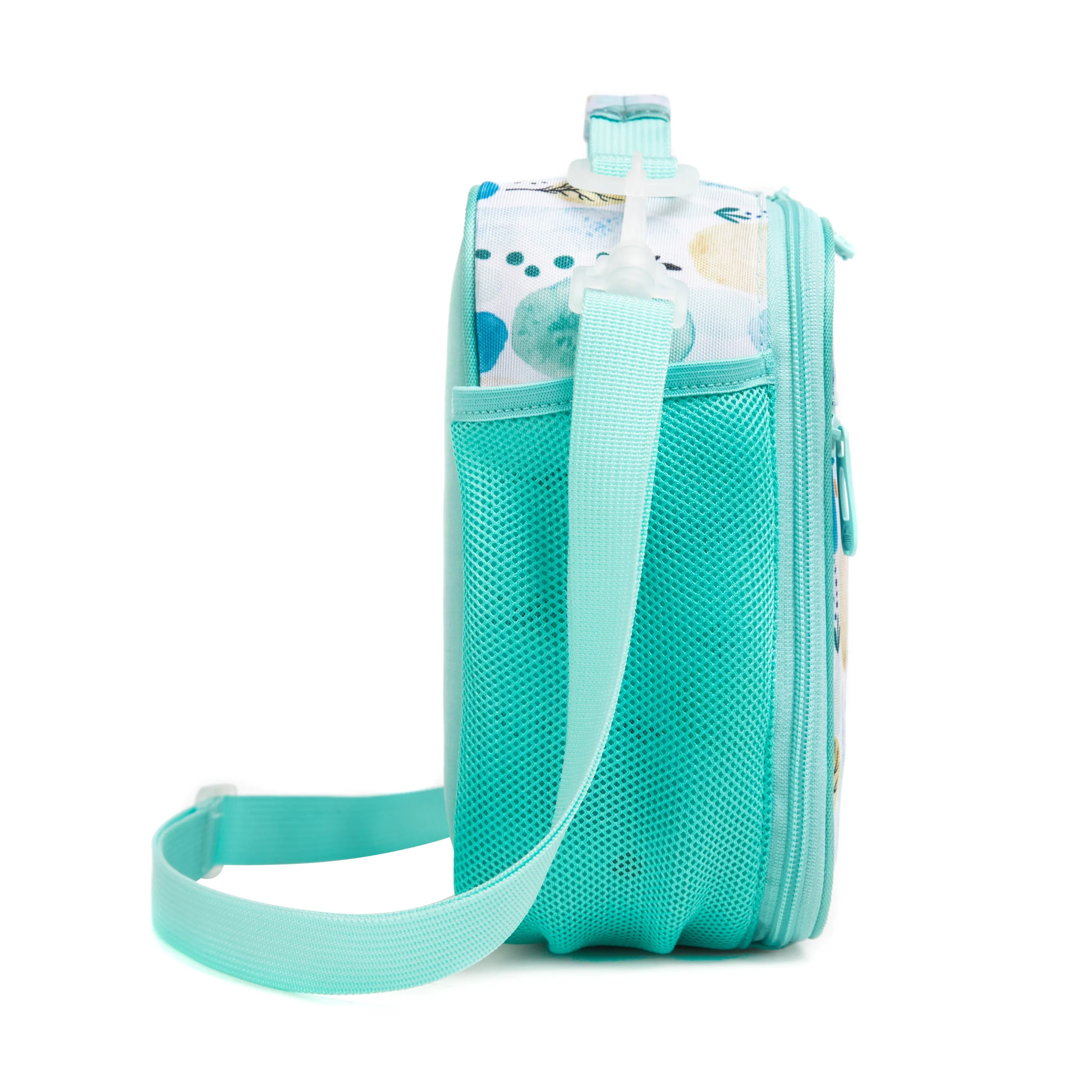 Side view of a mint green lunch bag showing a large mesh water bottle pocket and a white strap swivel clip. Fresh daily cooler by a Backpack Manufacturer.