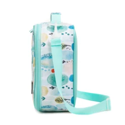 Side profile of a mint green abstract lunch bag showing its depth and artistic watercolor pattern. High-density fabric bag by a Backpack OEM Supplier.