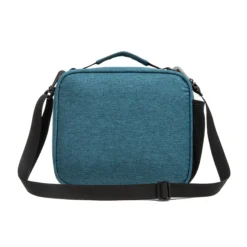 Back view of a deep teal heather textured lunch bag with a black adjustable shoulder strap. Custom insulated lunch bag by a professional Backpack Manufacturer.