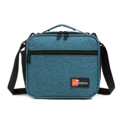 Front view of a deep teal heather lunch bag with a large front pocket and dual zipper pulls. Versatile insulated lunch box by a Custom Backpack Manufacturer.